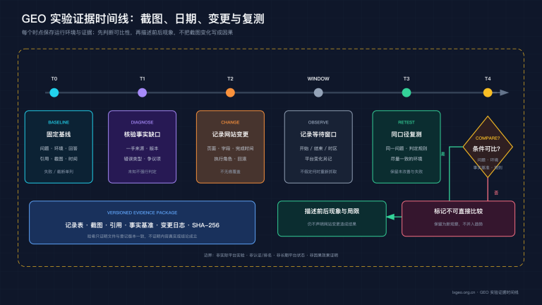 GEO 实验证据时间线:基线记录、网站变更、等待窗口、同口径复测、可比性判断和版本化归档