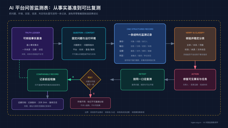 AI 平台问答监测表闭环：固定问题与运行环境、记录回答和引用、分类核验、修复事实页并按同口径复测