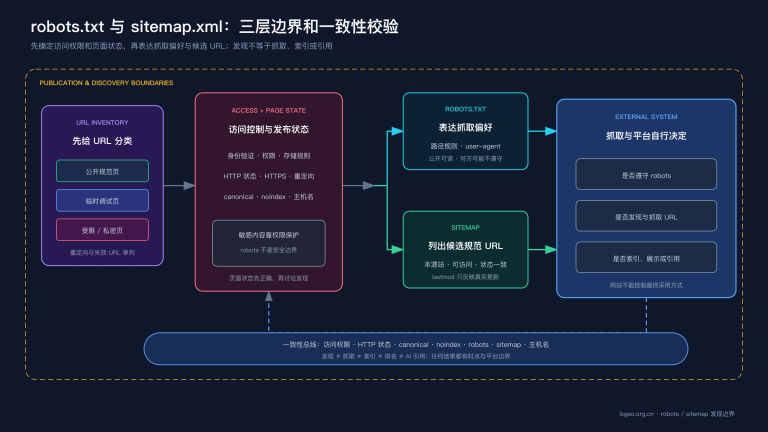 robots.txt 与 sitemap.xml 发现边界:公开页面先经过访问控制和索引状态核验,再分别表达抓取偏好与候选 URL 清单