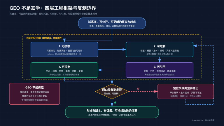GEO 四层工程框架：真实事实经可抓取、可理解、可引用、可监测后持续复测